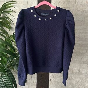 SIMPLY SOUTHERN Navy Blue Quilted Pearl Jewel embellished Puff Sleeve Blouse M